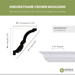 Ekena Millwork - MLD03X02X04LT - Endurathane Leaf Twist Crown Moulding, 3 1/4"H x 2 7/8"P x 4 3/8"F x 94 1/2"L, (3 1/4" Repeat), Factory Primed