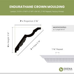 Ekena Millwork - MLD03X03X05LD - Endurathane Landon Crown Moulding, 3 1/2"H x 3 5/8"P x 5 1/8"F x 94 1/2"L, (1 3/8" Repeat), Factory Primed