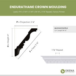 Ekena Millwork - MLD04X03X05LS - Endurathane Leslie Crown Moulding, 4"H x 3 1/4"P x 5 1/8"F x 94 1/2"L, (1 7/8" Repeat), Factory Primed