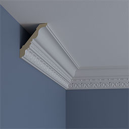 Ekena Millwork - MLD04X03X05LS - Endurathane Leslie Crown Moulding, 4"H x 3 1/4"P x 5 1/8"F x 94 1/2"L, (1 7/8" Repeat), Factory Primed