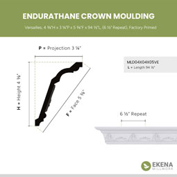 Ekena Millwork - MLD04X04X05VE - Endurathane Versailles Crown Moulding, 4 3/8"H x 3 1/4"P x 5 3/8"F x 94 1/2"L, (6 1/2" Repeat), Factory Primed