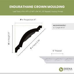 Ekena Millwork - MLD04X04X05LT - Endurathane Leaf Twist Crown Moulding, 4"H x 4"P x 5 5/8"F x 94 1/2"L, (6" Repeat), Factory Primed