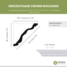 Ekena Millwork - MLD03X04X05CH - Endurathane Chesterfield Running Rope Crown Moulding, 3 7/8"H x 4 1/8"P x 5 3/4"F x 94 1/2"L, (3 7/8" Repeat), Factory Primed