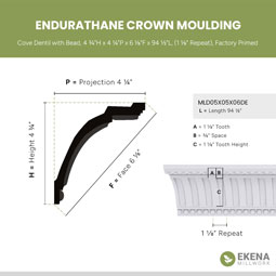 Ekena Millwork - MLD05X05X06DE - Endurathane CoveDentil with Bead Crown Moulding, 4 3/4"H x 4 1/4"P x 6 1/8"F x 94 1/2"L, (1 1/8" Repeat), Factory Primed