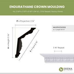 Ekena Millwork - MLD05X03X06IS - Endurathane Iris Crown Moulding, 5 1/8"H x 3 1/2"P x 6 1/8"F x 94 1/2"L, (3 3/4" Repeat), Factory Primed