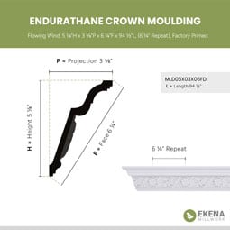 Ekena Millwork - MLD05X03X06FD - Endurathane Flowing Wind Crown Moulding, 5 1/8"H x 3 3/8"P x 6 1/4"F x 94 1/2"L, (6 1/4" Repeat), Factory Primed