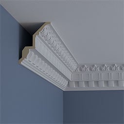 Ekena Millwork - MLD05X03X06DE - Endurathane Dentil and Leaf Crown Moulding, 5"H x 3 7/8"P x 6 3/8"F x 94 1/2"L, (2" Repeat), Factory Primed