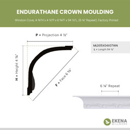 Ekena Millwork - MLD05X04X07WN - Endurathane Winston Cove Crown Moulding, 4 7/8"H x 4 1/2"P x 6 5/8"F x 94 1/2"L, (6 1/4" Repeat), Factory Primed
