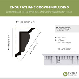 Ekena Millwork - MLD06X03X06DE - Endurathane Dentil With Bead Crown Moulding, 5 3/4"H x 3 7/8"P x 6 3/4"F x 94 1/2"L, (10 5/8" Repeat), Factory Primed