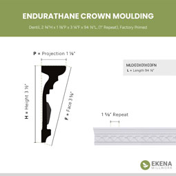 Ekena Millwork - MLD03X01X03FN - Endurathane Franklin Crown Moulding, 3 1/2"H x 1 1/8"P x 3 5/8"F x 94 1/2"L, (1 5/8" Repeat), Factory Primed