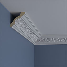 Ekena Millwork - MLD03X03X05VE - Endurathane Versailles Crown Moulding, 3 3/8"H x 3 3/8"P x 4 3/4"F x 94 1/2"L, Factory Primed