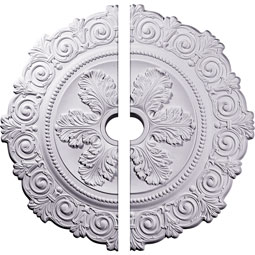 Ekena Millwork - CM33SC2 - Endurathane Scroll Medallion, 32 1/4"OD x 3 5/8"ID x 1"P, Two Piece (Fits Canopies up to 3 5/8"), Factory Primed
