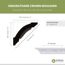 Ekena Millwork - MLD01X02X02RO - Endurathane Running Rose Crown Moulding, 1 7/8"H x 2"P x 2 7/8"F x 94 1/2"L, Factory Primed