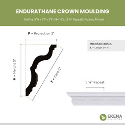 Ekena Millwork - MLD05X03X05DL - Endurathane Delfina Crown Moulding, 5"H x 3"P x 5"F x 94 1/2"L, (5 1/4" Repeat), Factory Primed