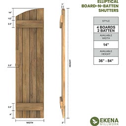 Ekena Millwork - ARWBE - Americraft Exterior Real Wood Elliptical Top Board-n-Batten Shutters (Per Pair)