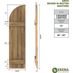 Ekena Millwork - ARWBQ - Americraft Exterior Real Wood Joined Board-n-Batten Shutters w/ Arch Top (Per Pair)