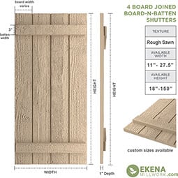 Ekena Millwork - CUSTOM-SHUBB - Timberthane Faux Wood Joined Board-n-Batten Shutters, Primed Tan, Sold As Pair