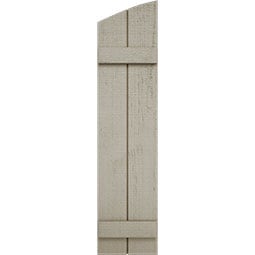 Ekena Millwork - CUSTOM-SHUBE - Timberthane Faux Wood Joined Board-n-Batten Shutters w/ Elliptical Top, Primed Tan, Sold As Pair