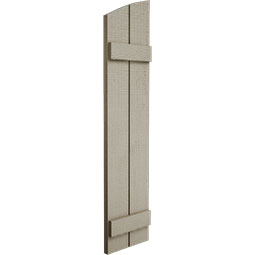 Ekena Millwork - CUSTOM-SHUBE - Timberthane Faux Wood Joined Board-n-Batten Shutters w/ Elliptical Top, Primed Tan, Sold As Pair