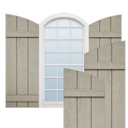 Ekena Millwork - CUSTOM-SHUBE - Timberthane Faux Wood Joined Board-n-Batten Shutters w/ Elliptical Top, Primed Tan, Sold As Pair