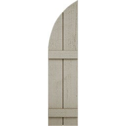 Ekena Millwork - SHUBJQ - Timberthane Faux Wood Joined Board-n-Batten Shutters w/ Quarter Round Arch Top, Primed Tan, Sold As Pair