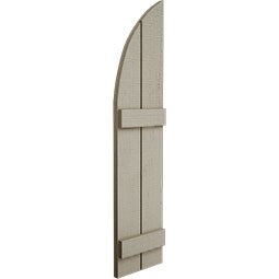 Ekena Millwork - SHUBJQ - Timberthane Faux Wood Joined Board-n-Batten Shutters w/ Quarter Round Arch Top, Primed Tan, Sold As Pair
