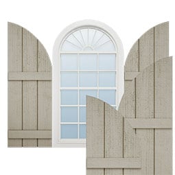 Ekena Millwork - SHUBJQ - Timberthane Faux Wood Joined Board-n-Batten Shutters w/ Quarter Round Arch Top, Primed Tan, Sold As Pair