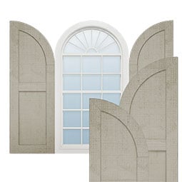 Ekena Millwork - SHUFPQ - Timberthane Faux Wood Shutters Equal Flat Panel w/ Quarter Round Arch Top, Primed Tan, Sold As Pair