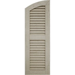 Ekena Millwork - SHULVL - Timberthane Faux Wood Shutters Equal Louver w/ Elliptical Top, Primed Tan, Sold As Pair