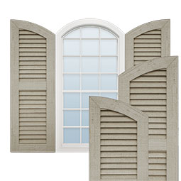 Ekena Millwork - SHULVL - Timberthane Faux Wood Shutters Equal Louver w/ Elliptical Top, Primed Tan, Sold As Pair