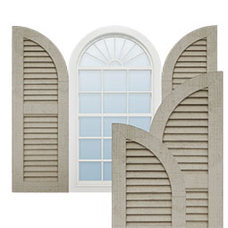 Ekena Millwork - SHULVQ - Timberthane Faux Wood Shutters Equal Louver w/ Quarter Round Arch Top, Primed Tan, Sold As Pair