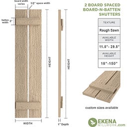Ekena Millwork - SHUBSS - Timberthane Faux Wood Spaced Board-n-Batten Shutters, Primed Tan, Sold As Pair