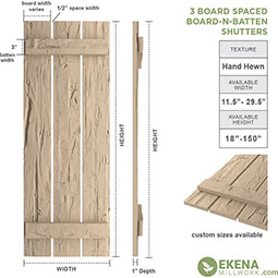 Ekena Millwork - CUSTOM-SHUSB - Timberthane Faux Wood Spaced Board-n-Batten Shutters, Primed Tan, Sold As Pair
