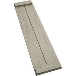 Ekena Millwork - SHUBJE - Timberthane Faux Wood Joined Board-n-Batten Shutters (End Batten), Primed Tan, Sold As Pair
