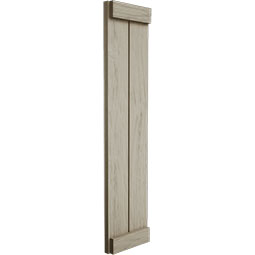 Ekena Millwork - SHUBJE - Timberthane Faux Wood Joined Board-n-Batten Shutters (End Batten), Primed Tan, Sold As Pair