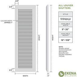 Ekena Millwork - TFP001LV - TrueFit All Louver Shutters, PVC, Unfinished (Per Pair - Hardware Not Included)