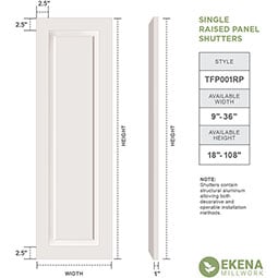 Ekena Millwork - TFP001RP - True Fit PVC, Single Raised Panel Shutters, Unfinished (Per Pair - Hardware Not Included)