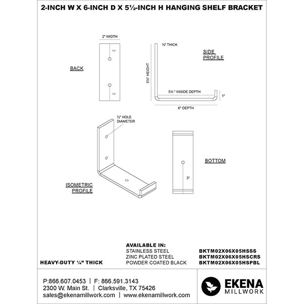Ekena Millwork - BKTMHS - Steel Hanging Shelf Bracket