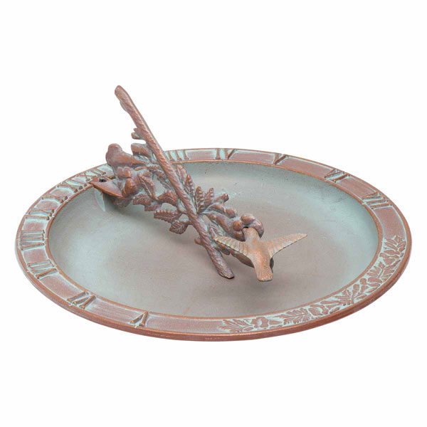 Whitehall Products LLC - WH01258 - 12" Diameter Hummingbird Sundial Birdbath, Copper Verdi