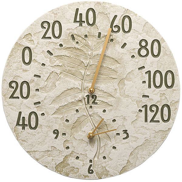 Whitehall Products LLC - WH01799 - 14 1/2" Diameter Fossil Sumac Thermometer Clock, Moss Green