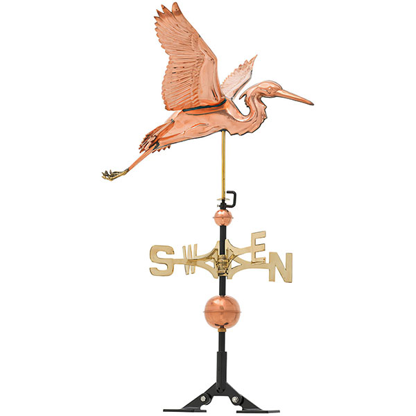 Whitehall Products LLC - WH45035 - 26"L x 28"W x 44 1/2"H Copper Heron Classic Directions Weathervane, Polished