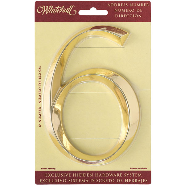 Whitehall Products LLC - WH11106 - 4"L x 1/2"W x 6"H Classic Number 6, Polished Brass
