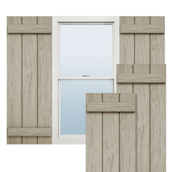 Ekena Millwork - Timberthane Faux Wood Joined Board-n-Batten Shutters, Primed Tan, Sold As Pair