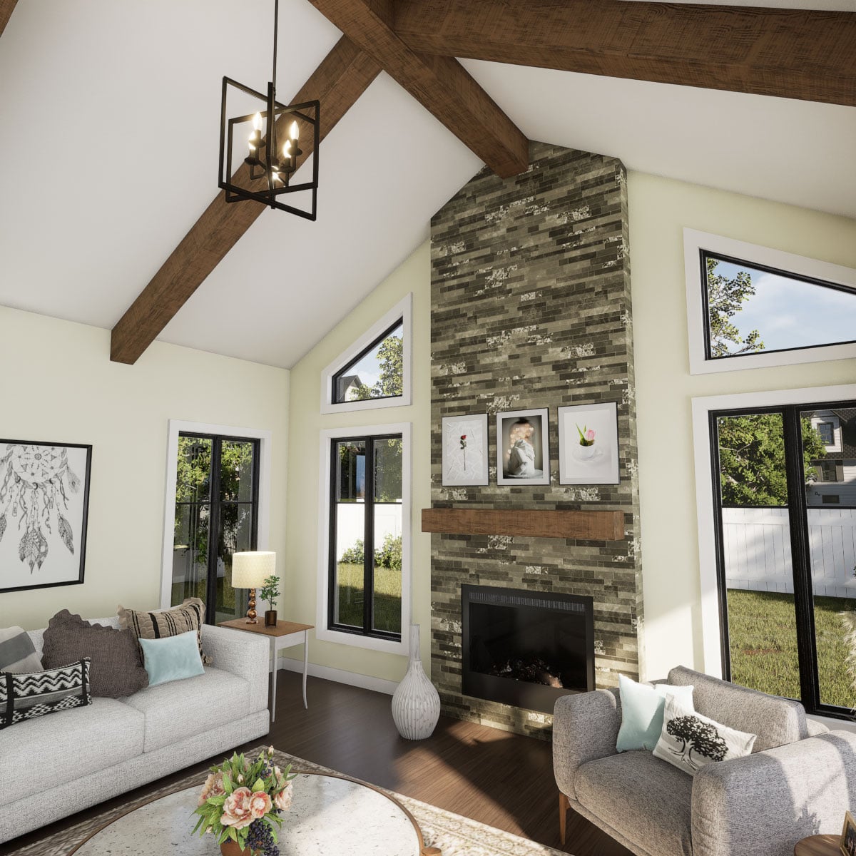 Great room with a Heritage Timber faux wood mantel installed above the fireplace